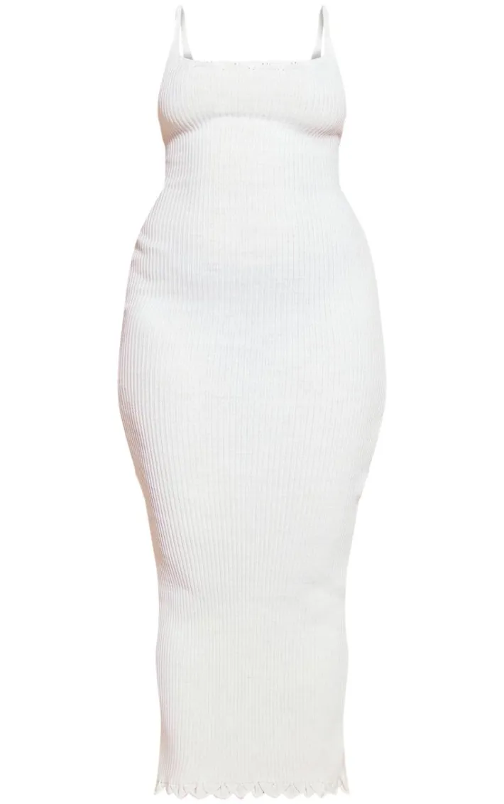 Plus Cream Knitted Ribbed Edge Detail Midi Dress