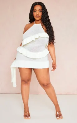 Plus Cream Knitted Ruffle Halterneck Bodycon Dress