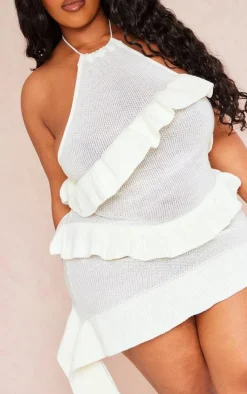 Plus Cream Knitted Ruffle Halterneck Bodycon Dress