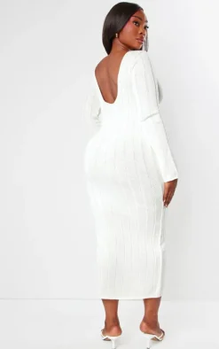 Plus Cream Knitted Wide Ribbed Scoop Back Midaxi Dress