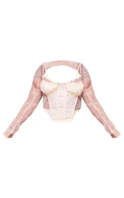 Plus Cream Lace Satin Insert Sleeve Detail Corset