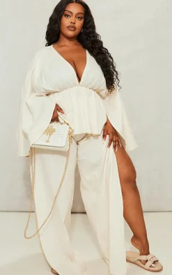 Plus Cream Linen Look Drape Detail Pants