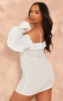 Plus Cream Linen Look Frill Bardot Bodycon Dress