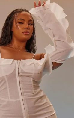 Plus Cream Linen Look Frill Bardot Bodycon Dress