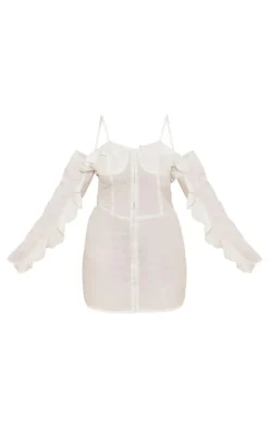 Plus Cream Linen Look Frill Bardot Bodycon Dress