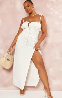 Plus Cream Linen Look Shirred Waist Midaxi Dress