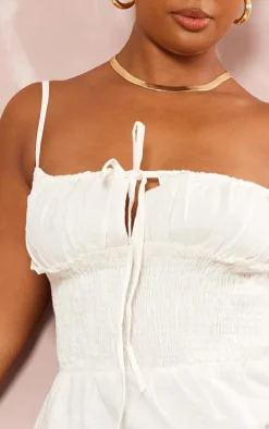 Plus Cream Linen Look Shirred Waist Midaxi Dress