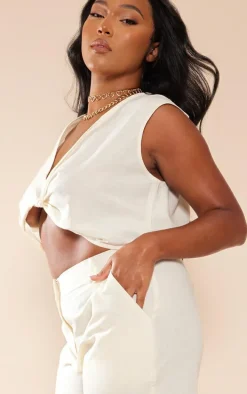 Plus Cream Linen Look Straight Leg Pants