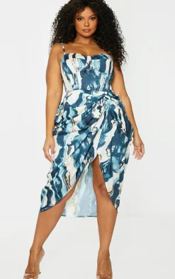 Plus Cream Marble Print Structured Corset Top