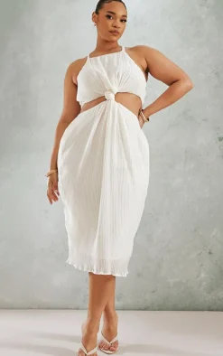 Plus Cream Plisse Knot Detail Midi Dress
