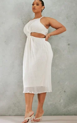 Plus Cream Plisse Knot Detail Midi Dress