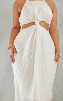 Plus Cream Plisse Knot Detail Midi Dress