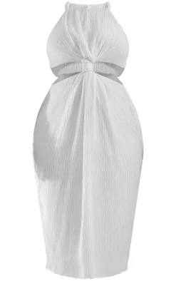 Plus Cream Plisse Knot Detail Midi Dress