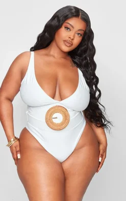 Plus Cream Plunge Rattan Belted High Leg Swimsuit