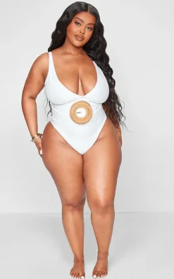 Plus Cream Plunge Rattan Belted High Leg Swimsuit