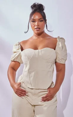 Plus Cream Puff Sleeve Denim Corset Top