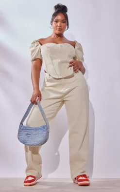 Plus Cream Puff Sleeve Denim Corset Top