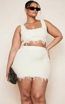 Plus Cream Raw Hem Knit Crop Top