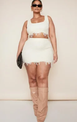 Plus Cream Raw Hem Knit Crop Top