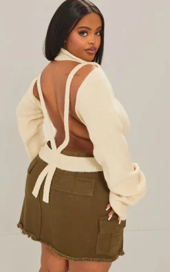 Plus Cream Rib Knit Open Back Cropped Sweater
