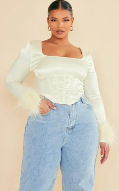 Plus Cream Satin Feather Trim Corset Top