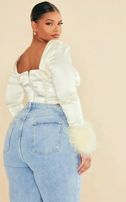 Plus Cream Satin Feather Trim Corset Top