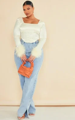 Plus Cream Satin Feather Trim Corset Top