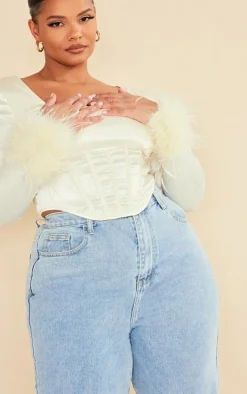 Plus Cream Satin Feather Trim Corset Top
