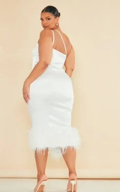 Plus Cream Satin Feather Trim One Shoulder Midi Dress