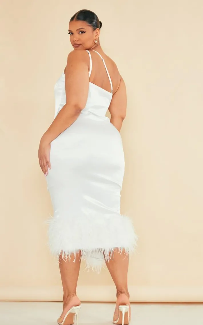 Plus Cream Satin Feather Trim One Shoulder Midi Dress
