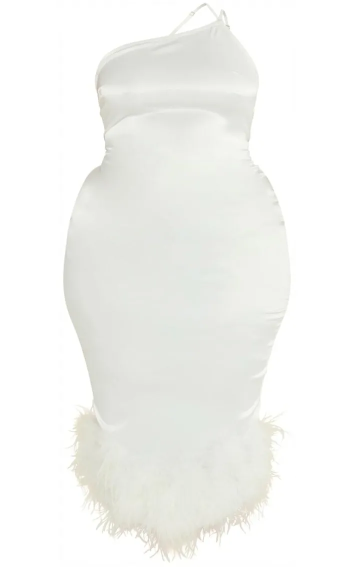 Plus Cream Satin Feather Trim One Shoulder Midi Dress
