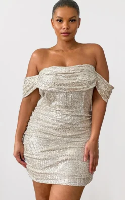 Plus Cream Sequin Bardot Bodycon Dress
