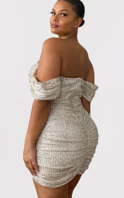 Plus Cream Sequin Bardot Bodycon Dress