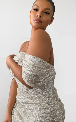 Plus Cream Sequin Bardot Bodycon Dress