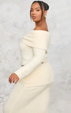 Plus Cream Soft Bobble Knit Bardot Foldover Top