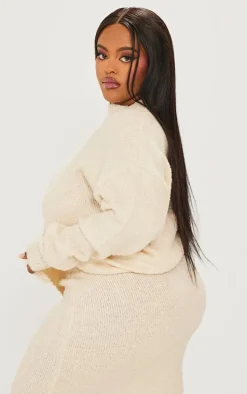 Plus Cream Soft Knit Boucle High Neck Sweater