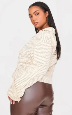 Plus Cream Striped Asymmetric Cinched Shirt