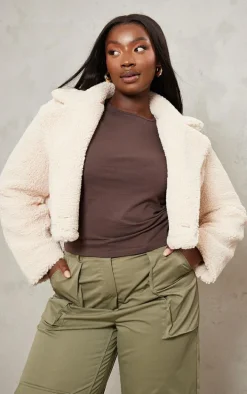 Plus Cream Teddy Fur Button Cropped Coat