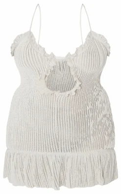 Plus Cream Textured Frill Hem Cut Out Mini Dress