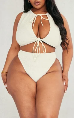 Plus Cream Textured High Leg Bikini Bottoms