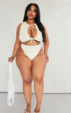 Plus Cream Textured High Leg Bikini Bottoms
