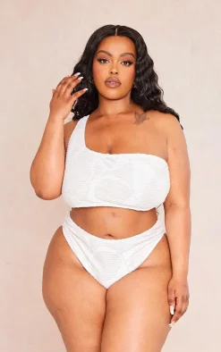 Plus Cream Textured One Shoulder Bikini Top