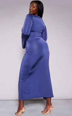 Plus Dark Blue Slinky Flare Sleeve Tie Front Wrap Maxi Dress