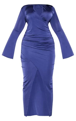Plus Dark Blue Slinky Flare Sleeve Tie Front Wrap Maxi Dress