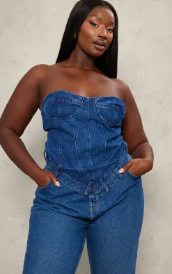 Plus Dark Blue Waistband Hem Bandeau Denim Corset