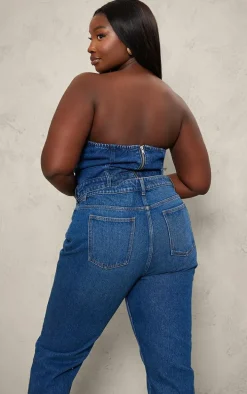 Plus Dark Blue Waistband Hem Bandeau Denim Corset
