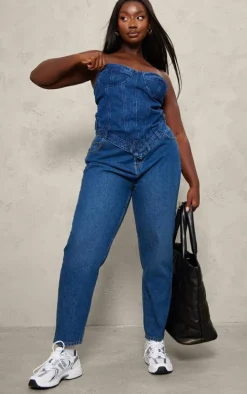 Plus Dark Blue Waistband Hem Bandeau Denim Corset
