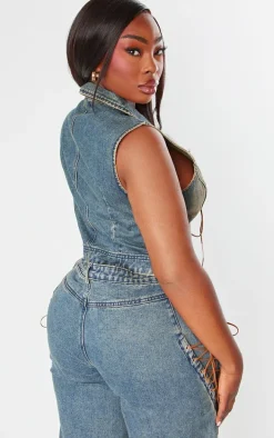 Plus Dark Blue Wash Lace Up Front Denim Top