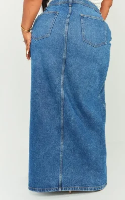 Plus Dark Blue Wash Split Front Denim Maxi Skirt