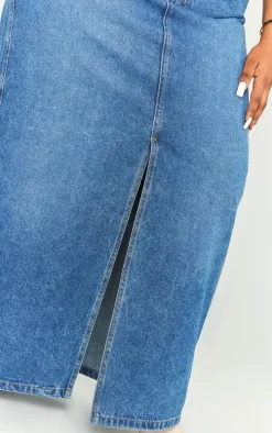 Plus Dark Blue Wash Split Front Denim Maxi Skirt